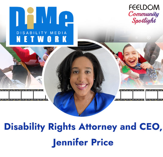 Collage of a smiling young Black woman in a blue shirt, with the bold blue and gold logo "DIME Network" at the top and a background of film clips spliced together to make a frame around her picture. Disability Rights Attorney