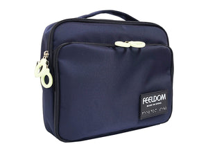 A small rectangular navy blue pouch with a handle on top and white zipper rings. It has a zipper opening and a zipper pouch on the front wth a braille FEELDOM logo label.