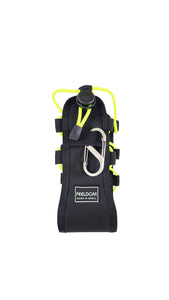 A black bottle holster with neon yellow reflective bungee cord webbing and metal carabiner