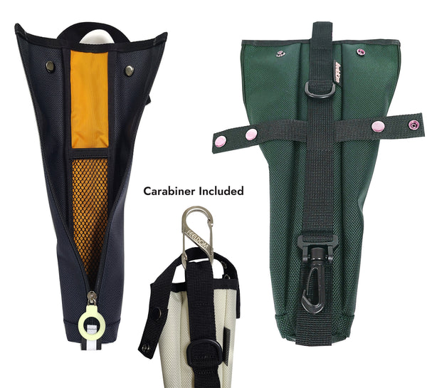 3 detailed views of the cane pouch:  1. Zipped open to reveal a slim inner pocket for batteries. 2. Back view showing the snap strap moved down to the center loop of the pouch, and a small clip on the bottom of the webbing.  3.  A metal S-shaped carabiner at the top and also a D ring for attaching.