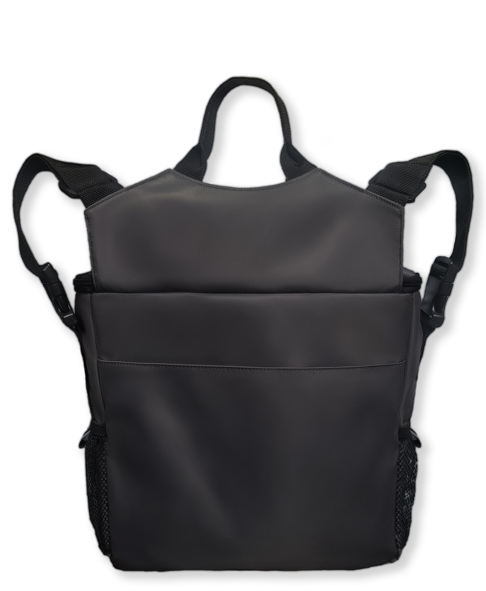 Back view of the Chic Medium Totebag showing the two wheelchair strap out and connected to form two loops on each side and top of the bag for hanging onto wheelchair handles or other mobility devices.