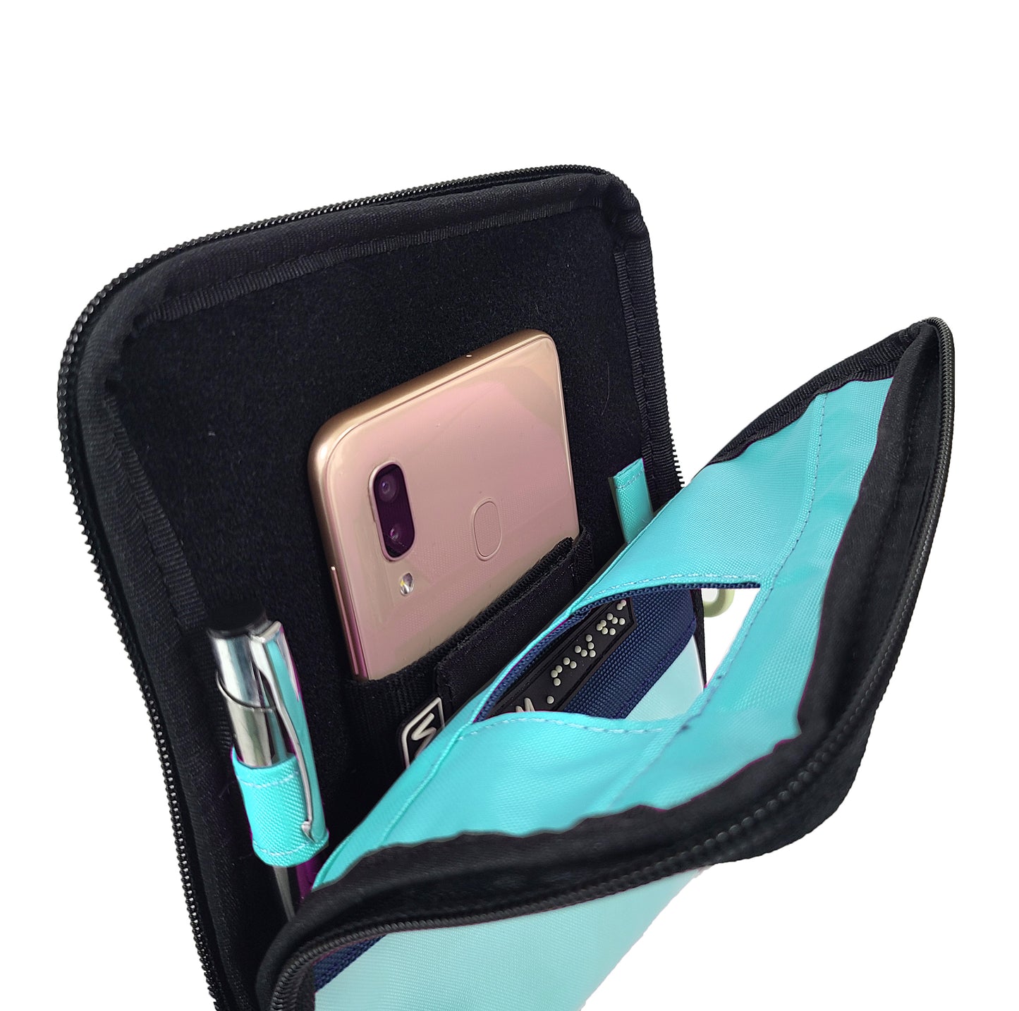 Side angle view of unzipped pouch showing the smartphone held in the holster which is stuck to the inside of the pouch using velcro. There's a small loop inside as a pen holder. The lining is aqua blue.