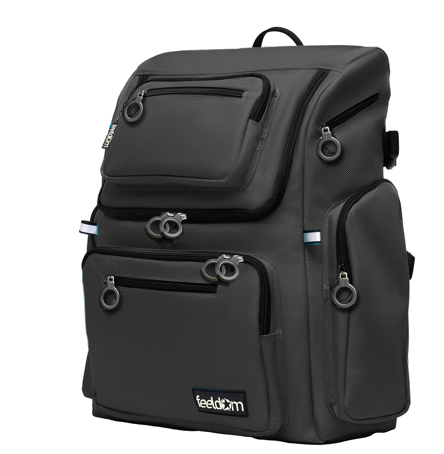 A black wheelchair bag with a contoured shape and several outer pockets with ring zipper pulls