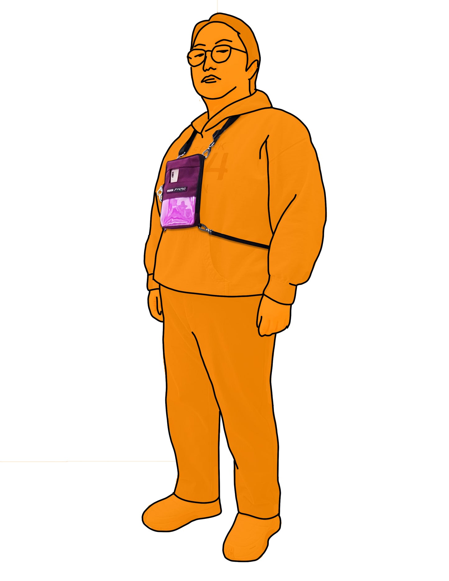 A person wearing the Navi Badge on the front of the upper body. Neck and waist straps secure the square pouch in place.