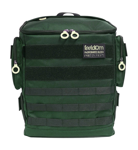 Front view of the Forest Green Performance Block Medium S-Series. It has white zipper ring pulls on all the pockets. The lid has a double ring zipper, and it zips open like a box-top. It has 3 lines of black Molle webbing along the front.
