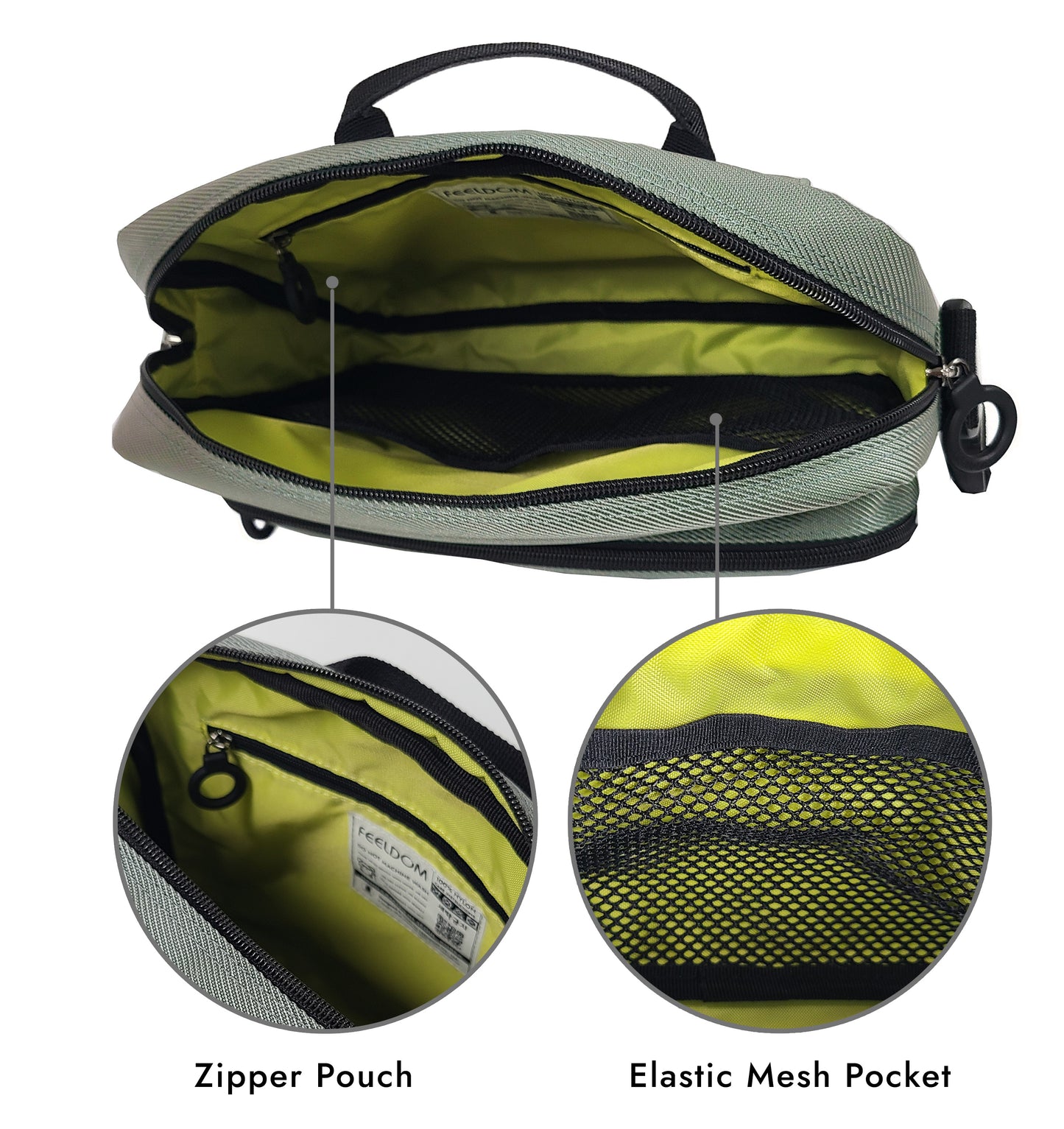Diagram showing the two types of pockets inside the satchel. On the back wall is a large zipper pouch, and on the front wall of the lining there is a wide mesh pouch.