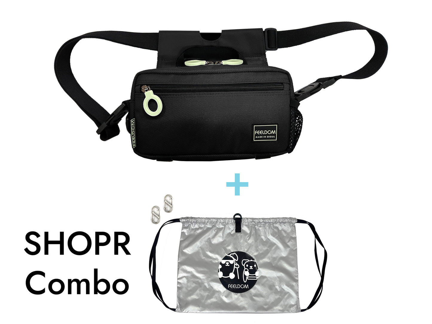 Space Black SHOPR Combo. The set contains 1 Modu Mini bag, 2 carabiners, and the SHOPR shopping bag.