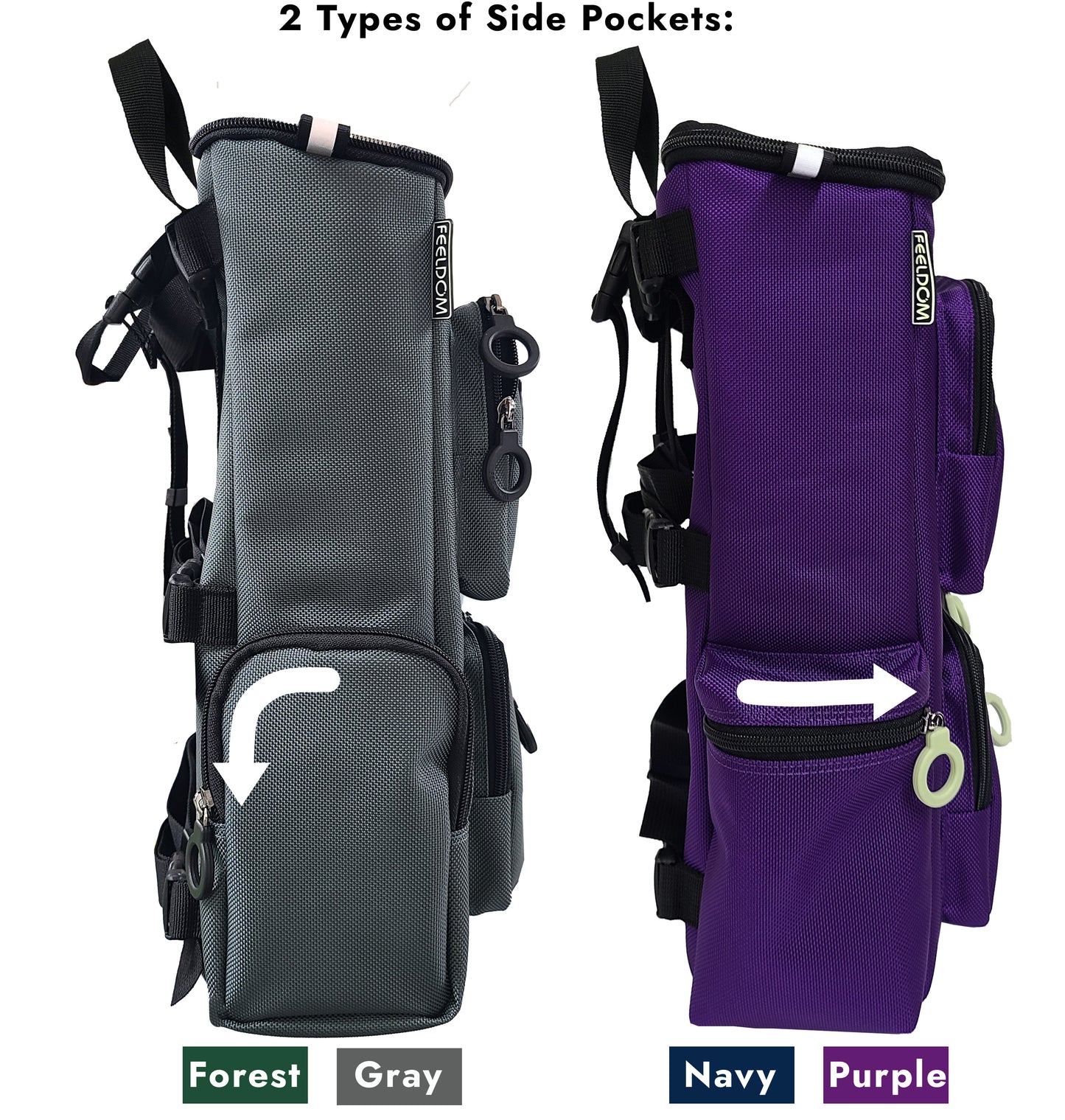 two versions of the medium wheelchair bag have different side pocket design. the Forest and Gray version has a zipper going around the top of the 8 inch side pocket and the Navy and Purple versions have the zipper going across the side of the 8 inch pocket horizontally