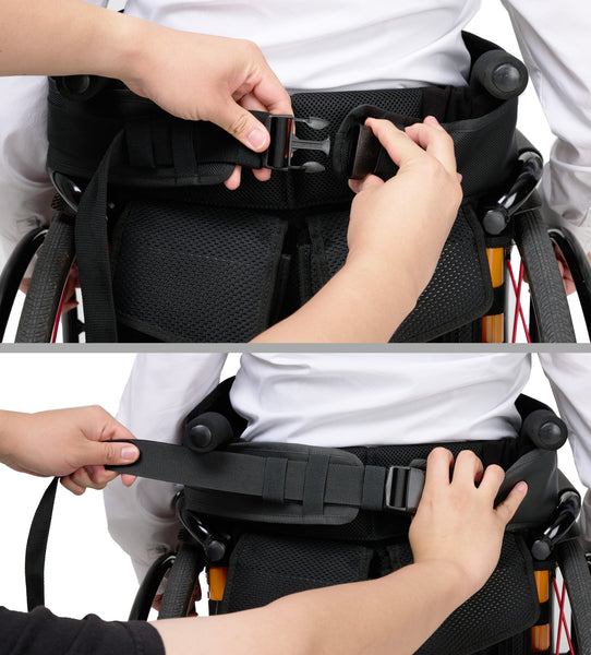 Air Belt S~1:  Wheelchair support strap with card organizer