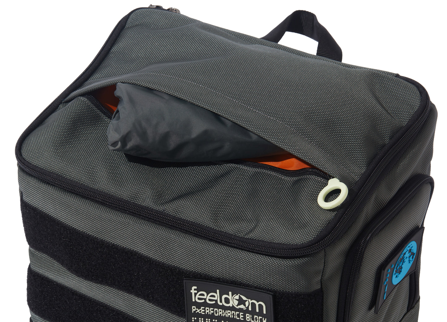 Top view of a large gray backpack with white zipper rings. The top has an outer pocket with a gray raincover inside
