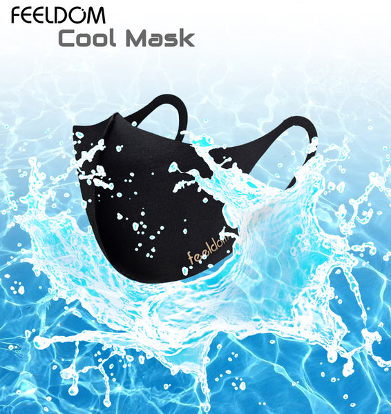 Feeldom Cool Mask in Black featured in a graphic image of water splashing up around it. Stay Cool. Cool masks by Feeldom.