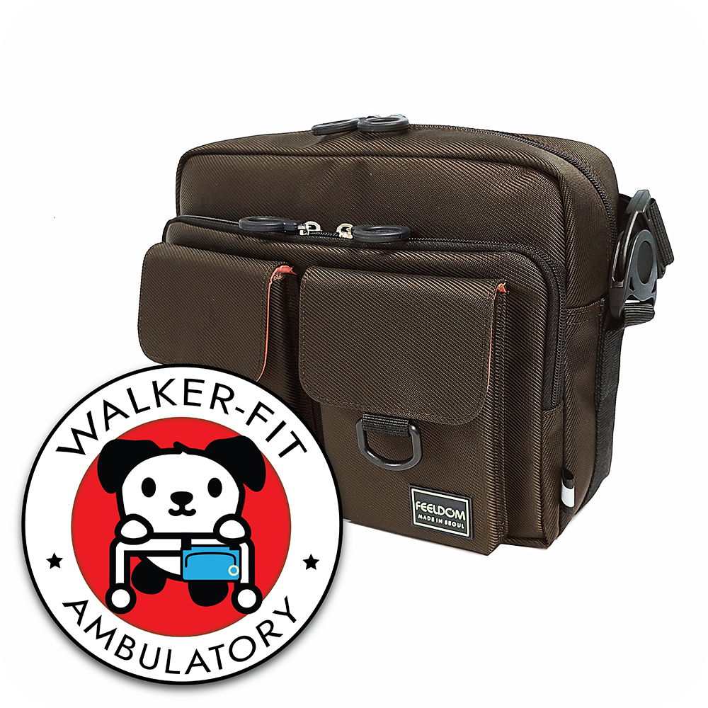 A small brown adaptable bag with black trim. Logo of a dog with a walker, with Text: "WALKER FIT - Ambulatory"