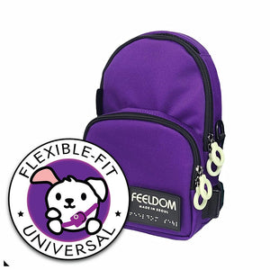 A Small Purple crossbody bag with black zippers, White zipper rings, and a black FEELDOM logo patch on the front bottom corner