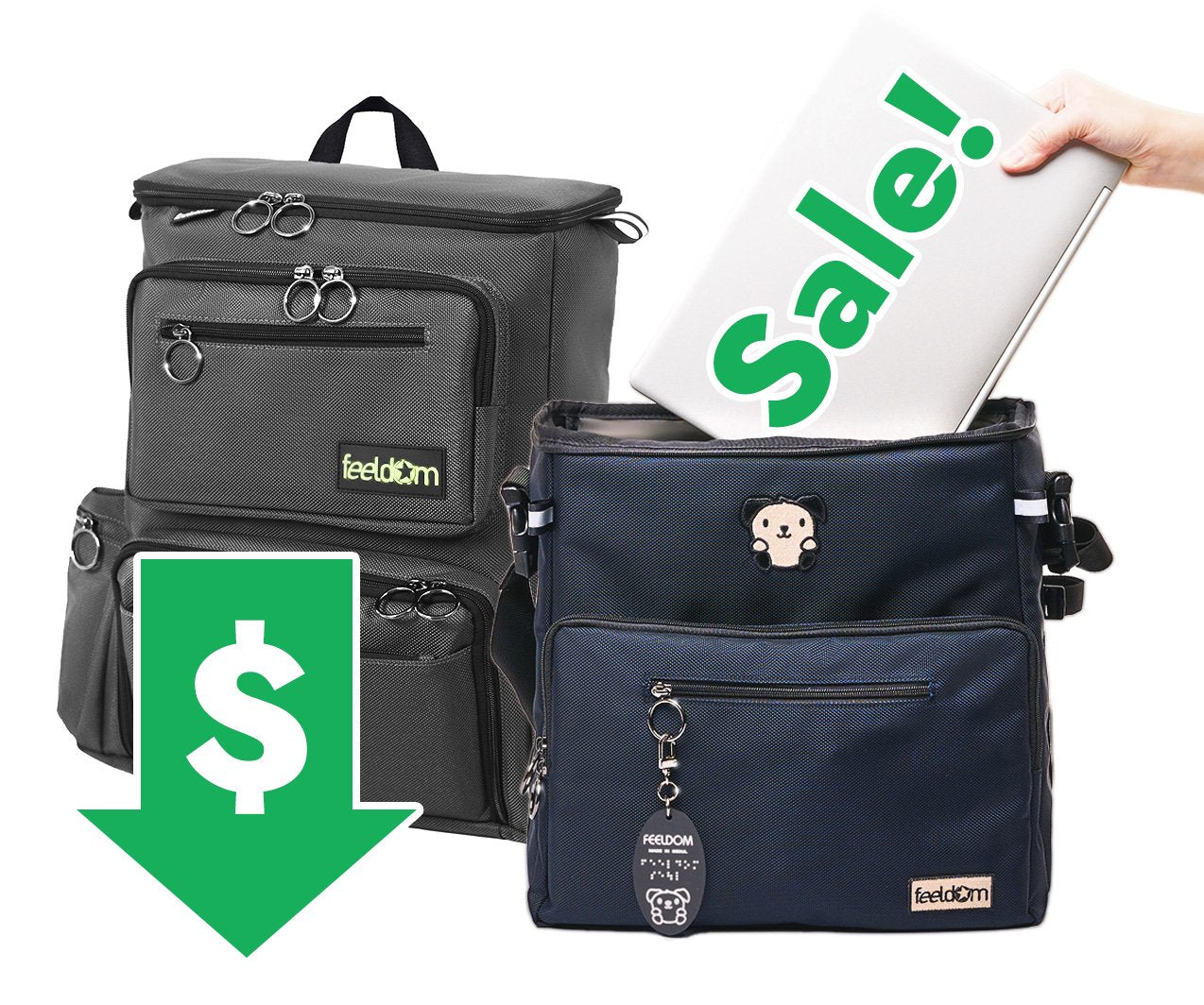 two wheelchair bags with a green down arrow and a dollar sign. Bold text reads SALE!