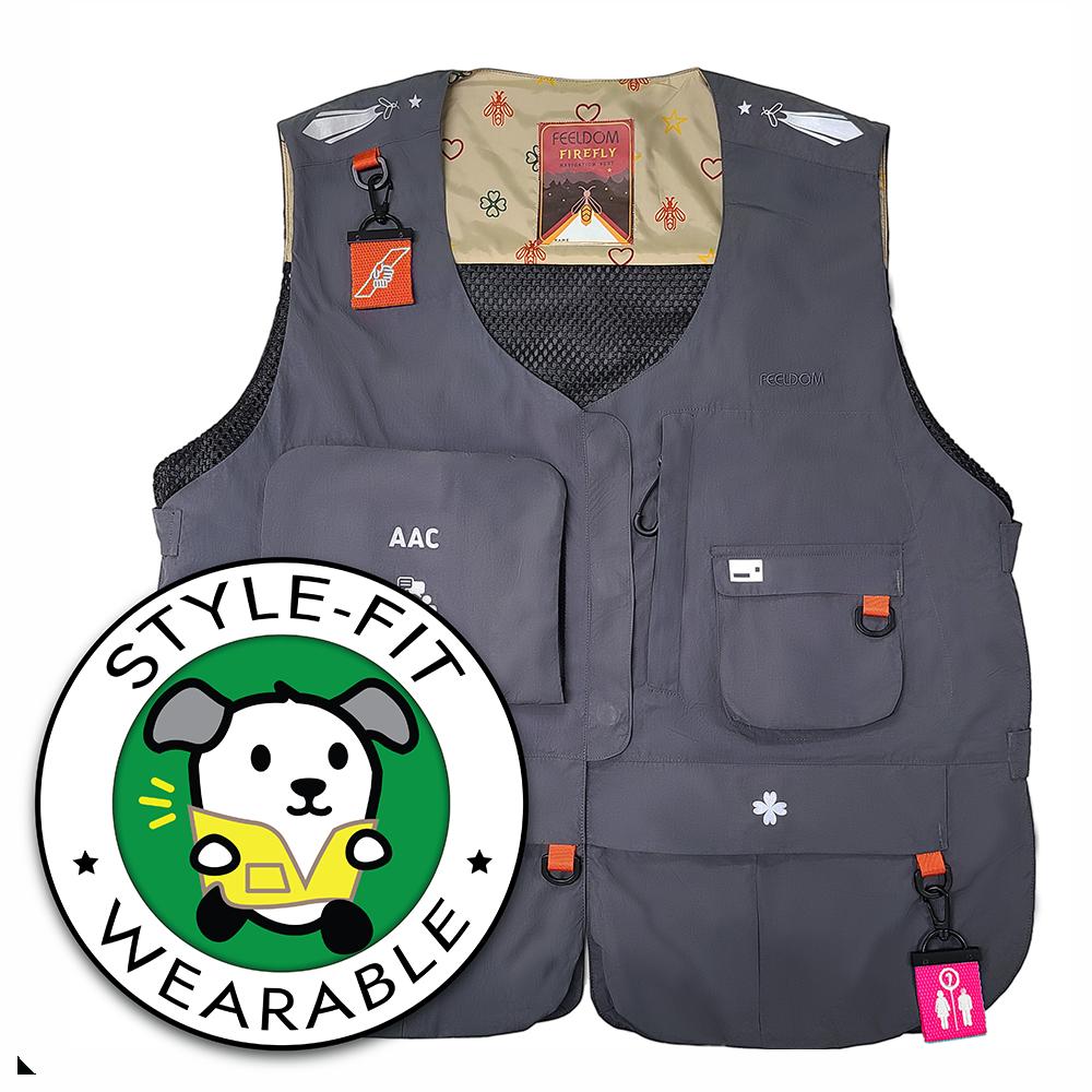 A MENU: Style Fit, Wearable. Image: Gray Vest with colorful labels and pockets