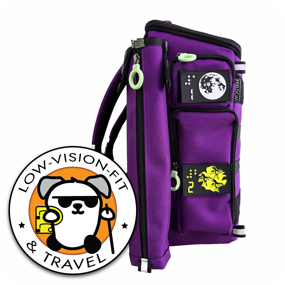 LOW-VISION FIT & TRAVEL:  A Purple Backpack with Braille Patches and a cane pouch attached to the side.