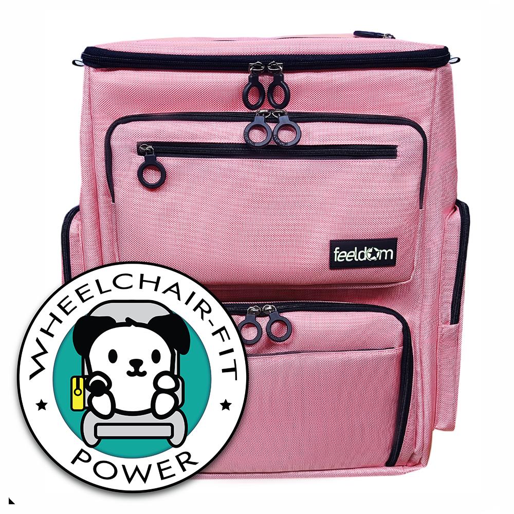 A large pink wheelchair bag with black trim. Logo of a dog in a power chair, with Text: "WHEELCHAIR FIT - POWER"