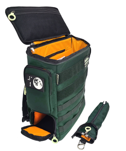 A dark green backpack with an orange lining and a matching cane pouch. It has braille patches and white zipper rings, with a box-shaped flip top lid open