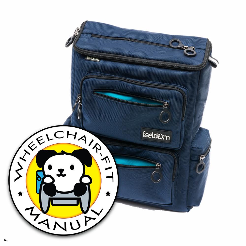 A small navy blue wheelchair bag with black trim. Logo of a dog in a manual wheel chair, with Text: "WHEELCHAIR FIT - MANUAL"