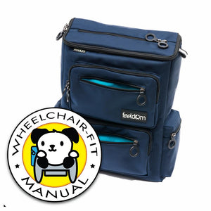 A streamlined aqua wheelchair bag with black trim and metal zipper rings.