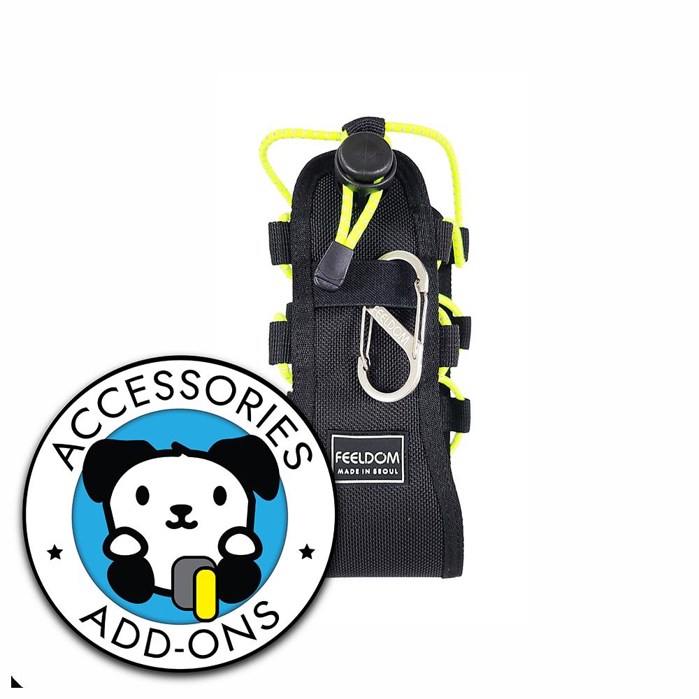 A black and yellow bottle holder with a metal carabiner. Text: "ACCESSORIES, ADD-ONS"