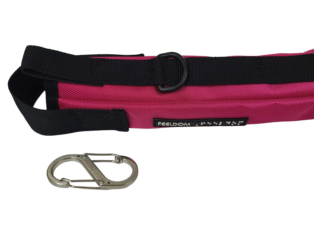 A pink cane pouch with a metal double-sided carabiner next to it