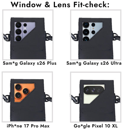 A comparison chart titled 'Window & Lens Fit-check:' showing four phone camera window cases arranged in a 2x2 grid. The cases are labeled for Samsung Galaxy S26 Plus, Samsung Galaxy S26 Ultra, iPhone 17 Pro Max, and Google Pixel 10 XL.