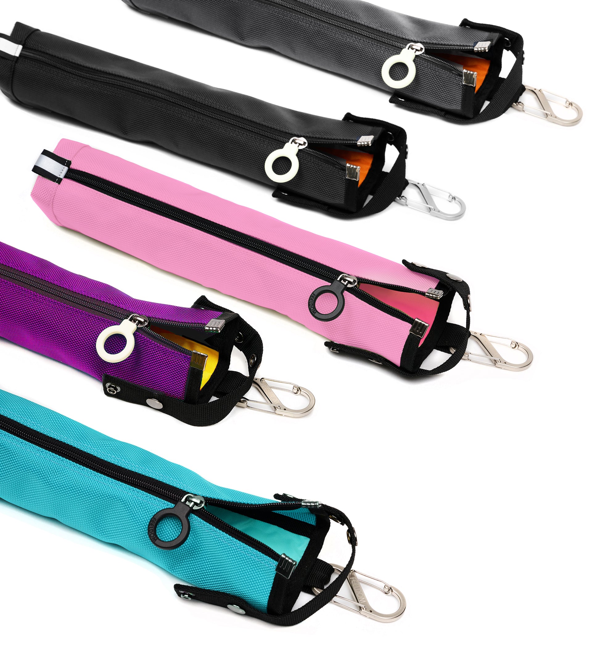 5 colored can pouches: Charcoal gray, Space Black , Rose Pink, Dark Purple, Aqua Blue