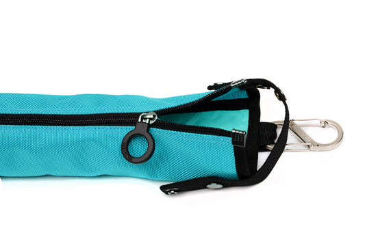 An aqua blue cane pouch with black trim and a black zipper ring