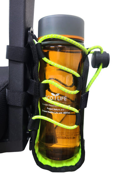 Side view of the MOOL Bottle holster with  a large water bottle in it. It is attached to the frame of a wheelchair using rubber straps (sold separately or as an option).  The neon yellow cords are reflective and weave along the sides of the holster. The lining is neon yellow.