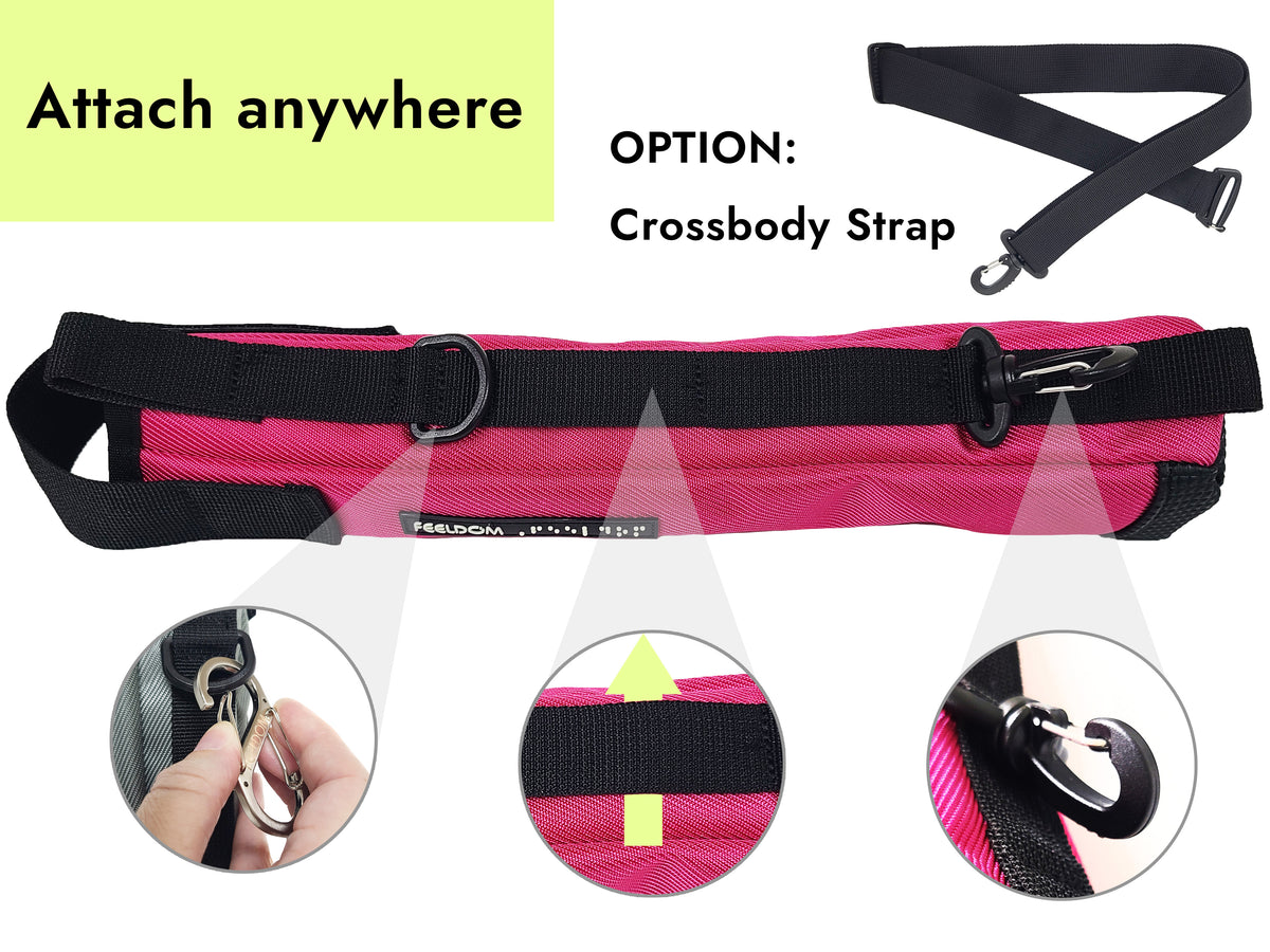 A collage of attachment features of a pink cane pouch back side showing a black attachment strap, Silver carabiner on a D-ring, Molle webbing belt loops, and swiveling lobster claw clip at the bottom. Above it is a detached crossbody strap that says "OPTION:  Crossbody Strap" .