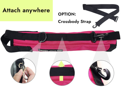 A collage of attachment features of a pink cane pouch back side showing a black attachment strap, Silver carabiner on a D-ring, Molle webbing belt loops, and swiveling lobster claw clip at the bottom. Above it is a detached crossbody strap that says "OPTION:  Crossbody Strap" .