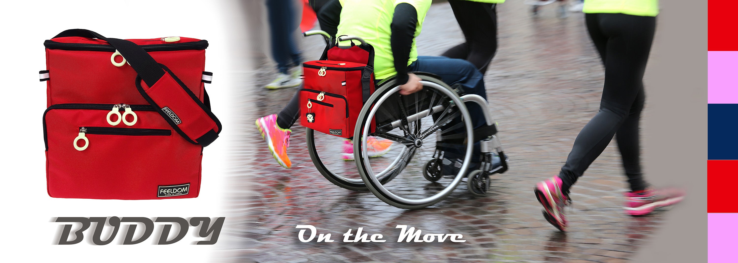 A red and black Buddy wheelchair convertable bag front view the left, and a person in a wheelchair on the right with the red Buddy bag attached on the back, with the text 'BUDDY On the Move' and the background of people running along with the person in the wheelchair.
