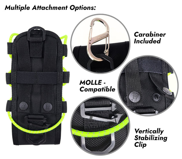 Close up of attachment details:  Metal S-shaped carabiner, Snaps for MOLLE webbing and attaching to backpacks, and D rings.