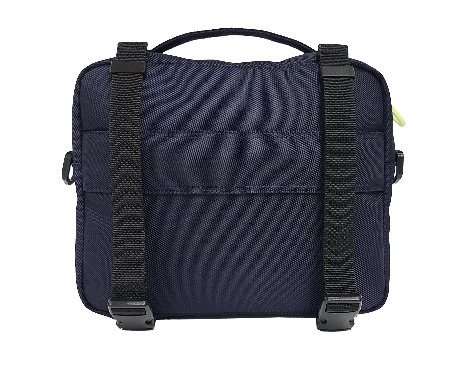 Back view of the TEKNO PLUS pouch shows two vertical straps which are length-adjustable clips that can go over the armrest of a wheelchair or other devices, including a FEELDOM backpack Molle webbing. There's a thick horizontal strap which is used for sliding the pouch over the pull handle of a suitcase.