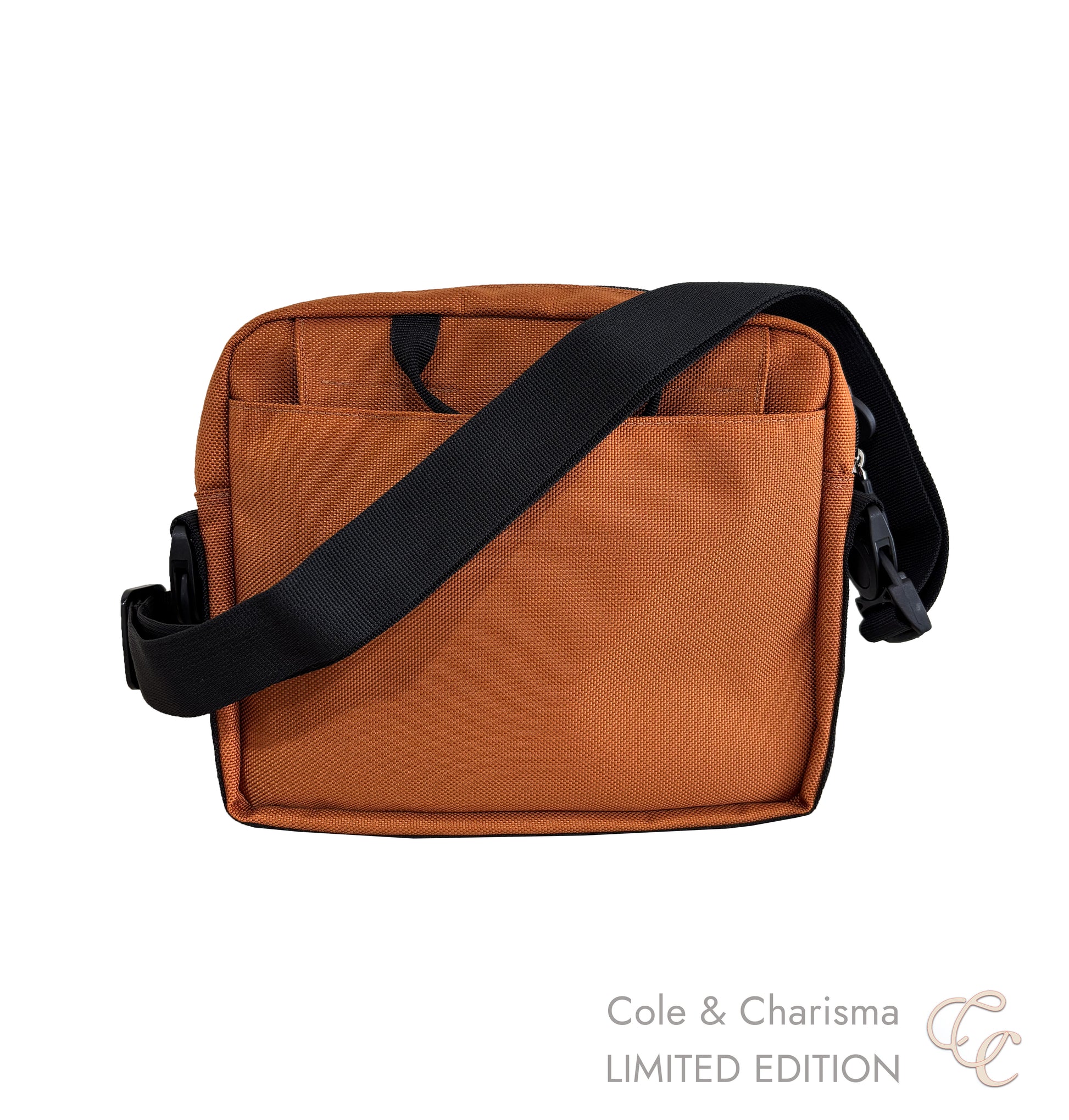 Brown shoulder bag with black strap , rear view, featuring 'Cole & Charisma' LIMITED EDITION