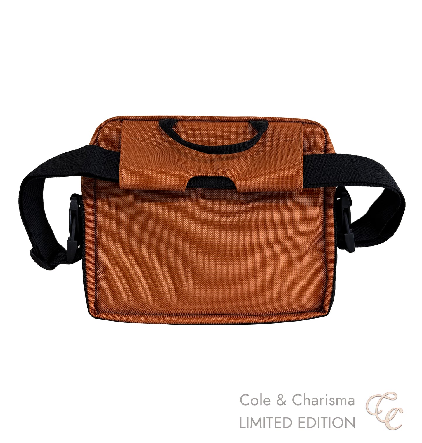 Brown bag with black straps ready to attach to a wheelchair.  'Cole & Charisma' LIMITED EDITION