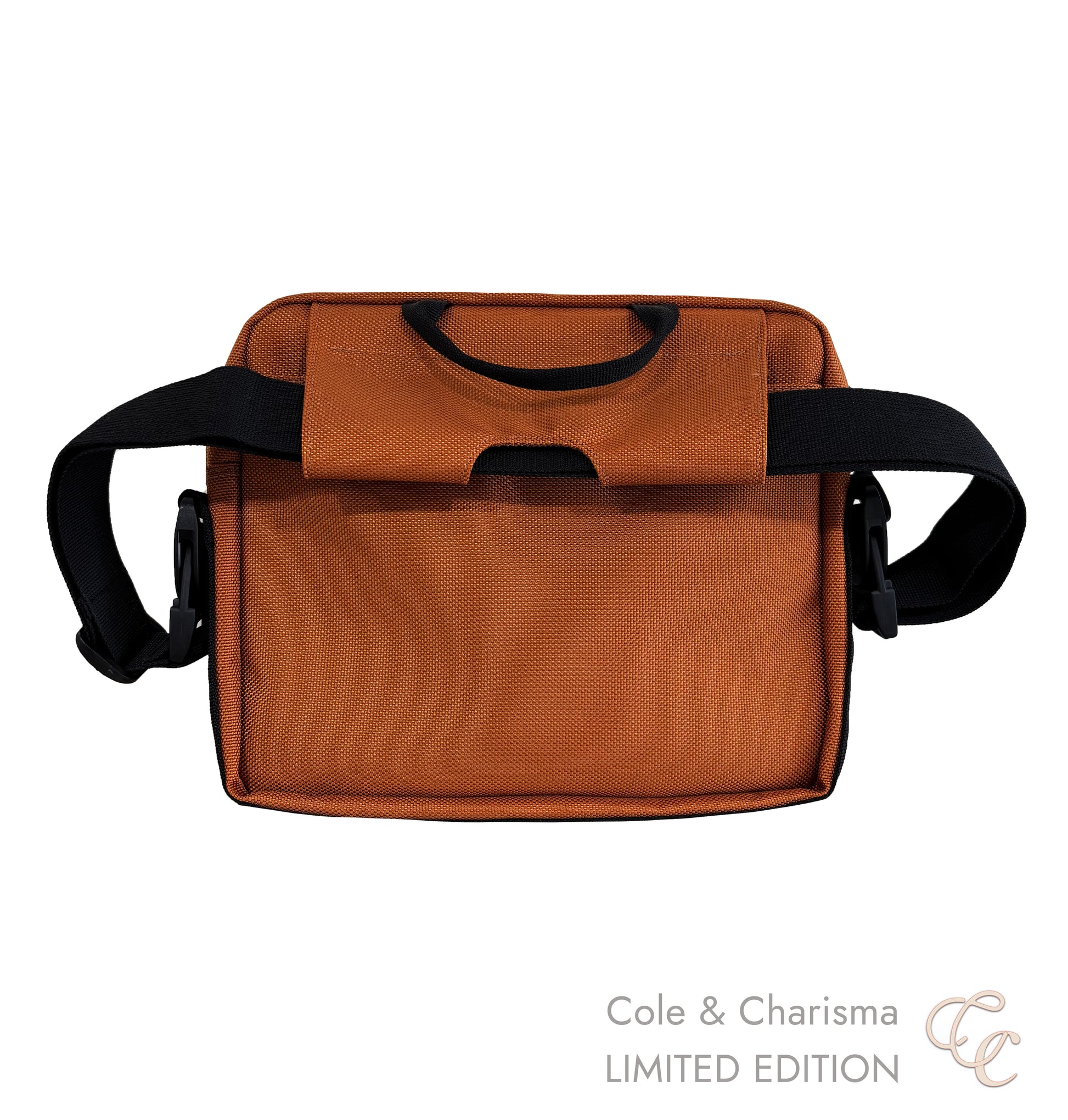 Brown bag with black straps ready to attach to a wheelchair.  'Cole & Charisma' LIMITED EDITION