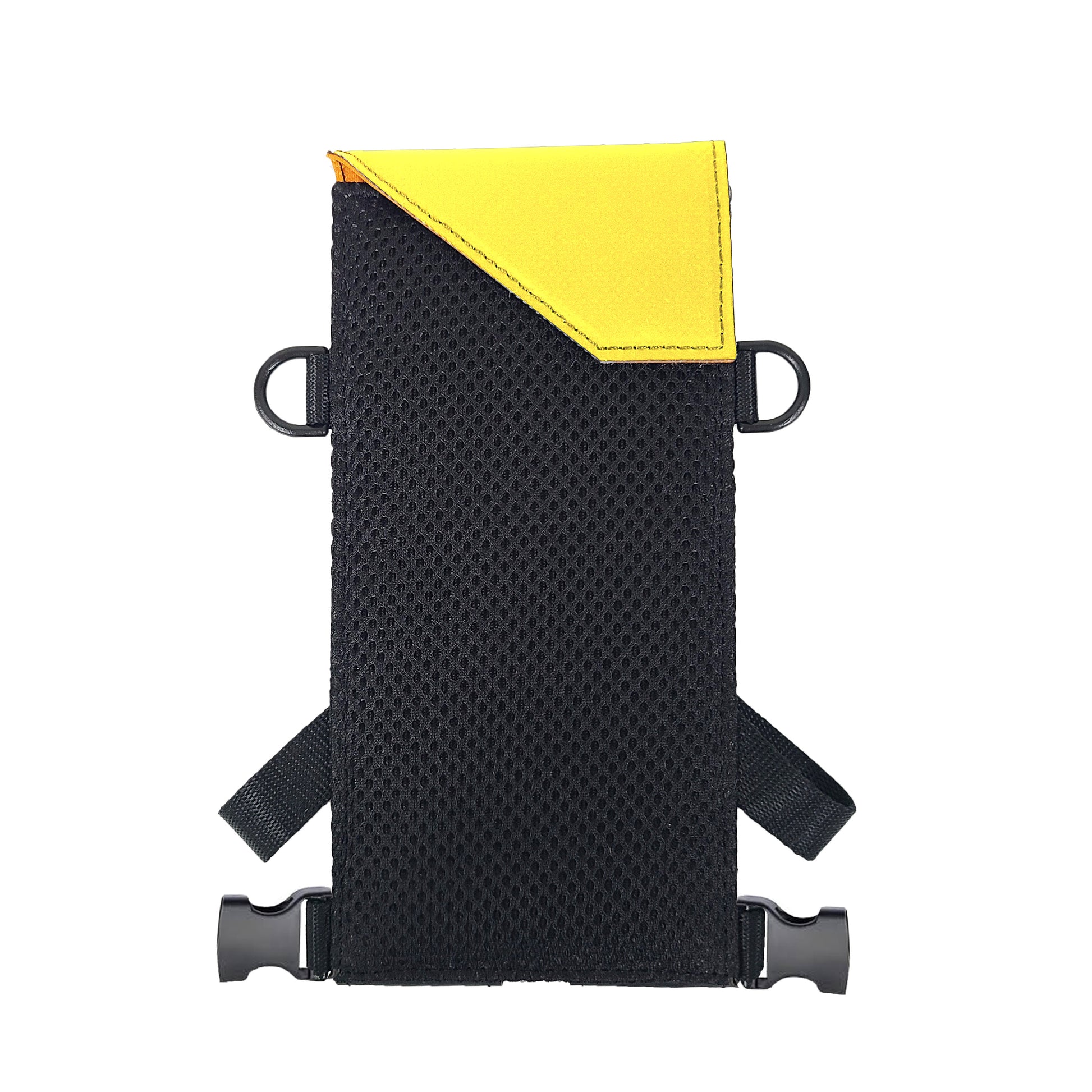 The backside of the Navi-Flip has a black breathable air mesh padded back and an angled flap that is closed with a magnetic snap.  The neck strap and waist straps are detached from the unit.