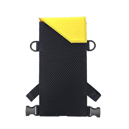 The backside of the Navi-Flip has a black breathable air mesh padded back and an angled flap that is closed with a magnetic snap.  The neck strap and waist straps are detached from the unit.