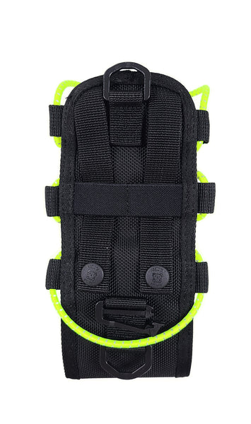 Back view of the black waterbottle hoster showing MOLLE compatible 2 straps with snaps on the bottom, there is an elastic band running horizontally, and D rings on the top and bottom, plus an S clip that fastens onto a vertical strap for stabilization