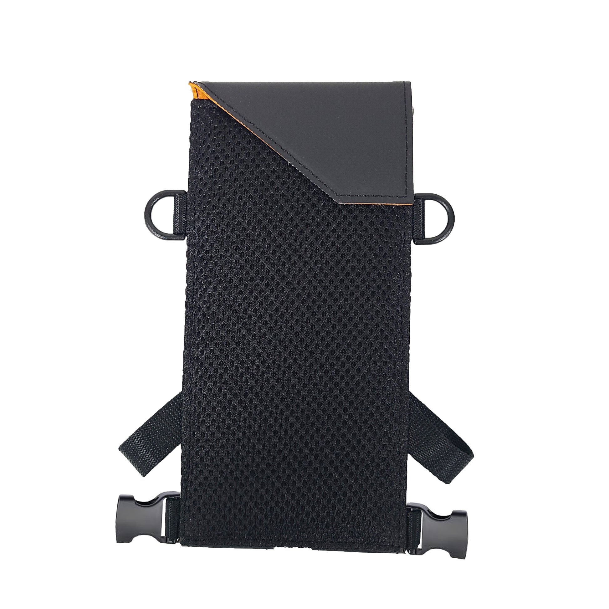 The backside of the Navi-Flip has a breathable air mesh padded back and an angled flap that is closed with a magnetic snap.  The neck strap and waist straps are detached from the unit.
