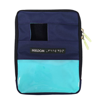 Square shaped navy and turquoise pouch with a square window cutout and a clear badge window on the lower half. 'Feeldom' branding in braille.