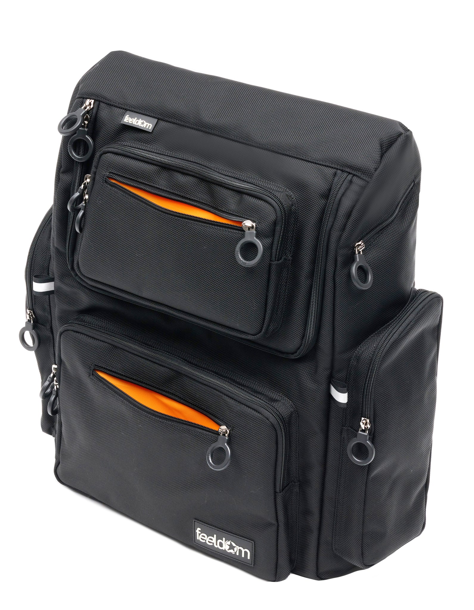 A black Wheelchair bag with pockets zipped open to show an orange lining. 
