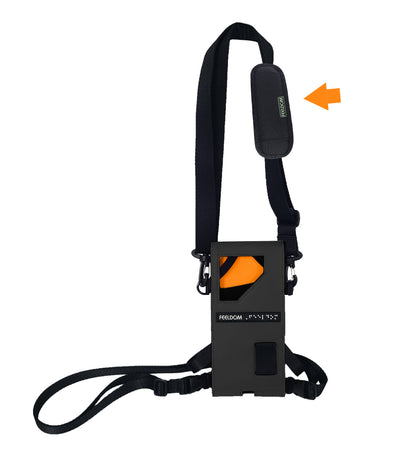 A Black rectangular pouch with a front window, orange lining and black straps for the neck and waist. A small arrow points to the Neck Pad that is included with this item's selection.