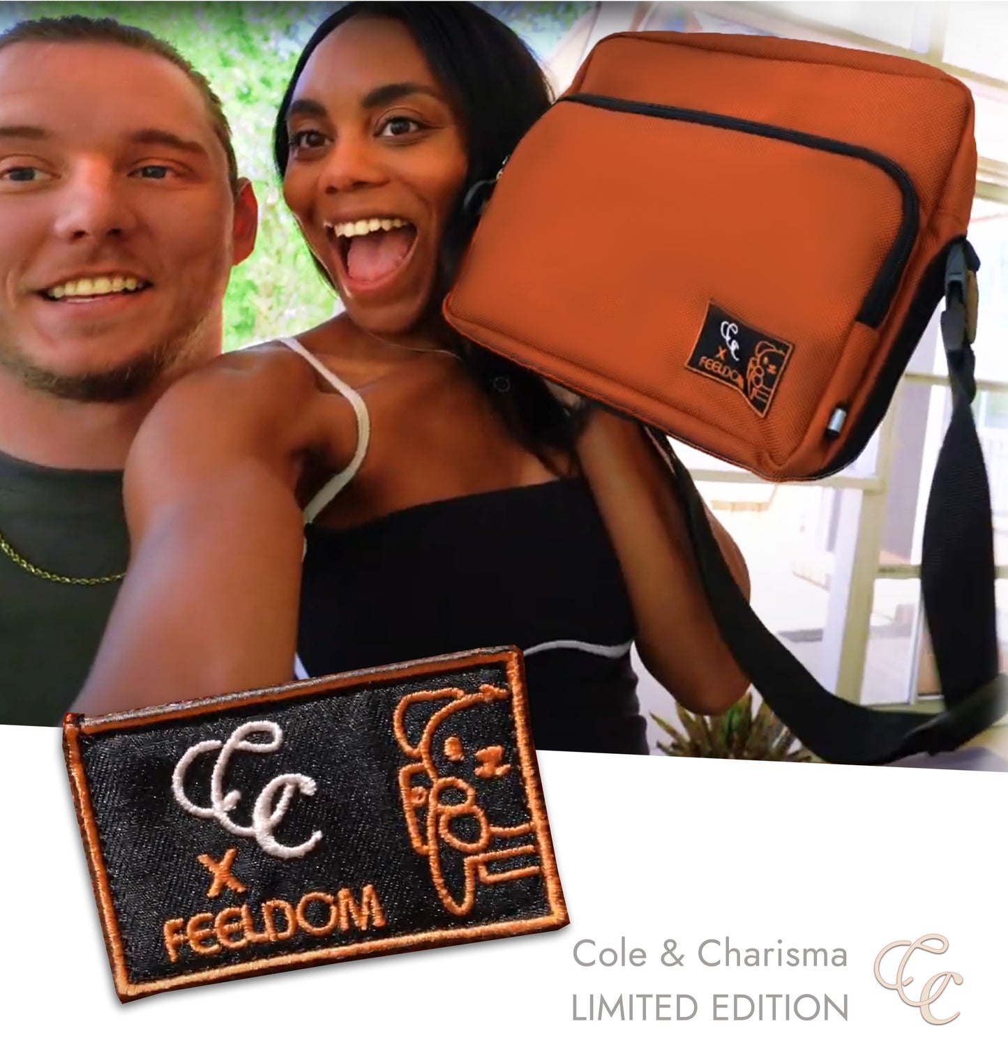 Cole and Charisma smiling at the camera. Charisma is holding up an orange wheelchair adaptable crossbody bag. The feeldom X CC Collaboration patch 