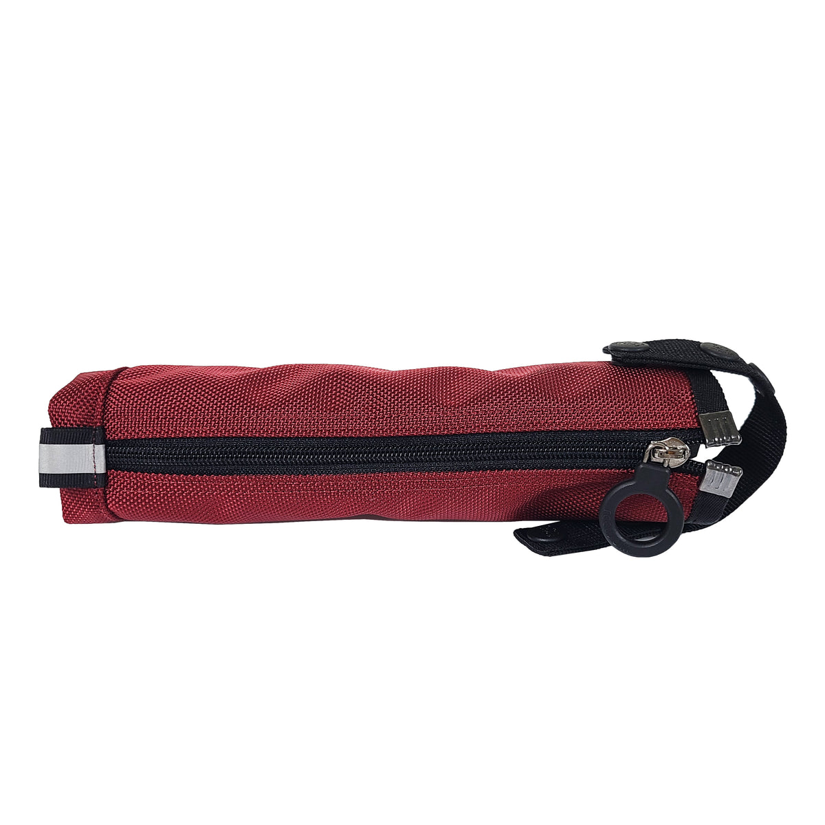 A horizontal burgundy Cane pouch junior with a black zipper down the middle with a black ring pull, and a black detchable handle at the top, and a reflective tag at the bottom.