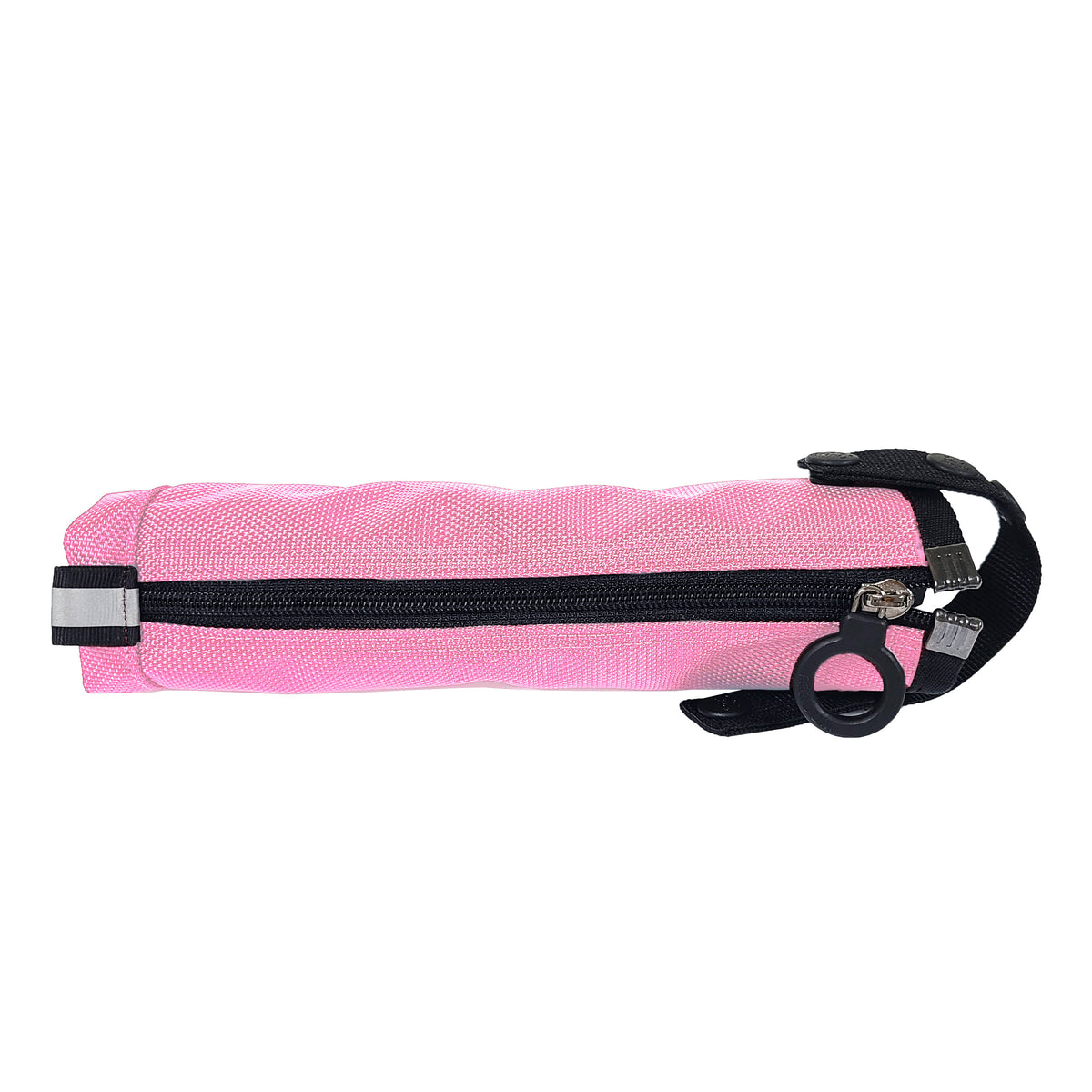 A horizontal pink Cane pouch junior with a black zipper down the middle with a black ring pull, and a black detchable handle at the top, and a reflective tag at the bottom.