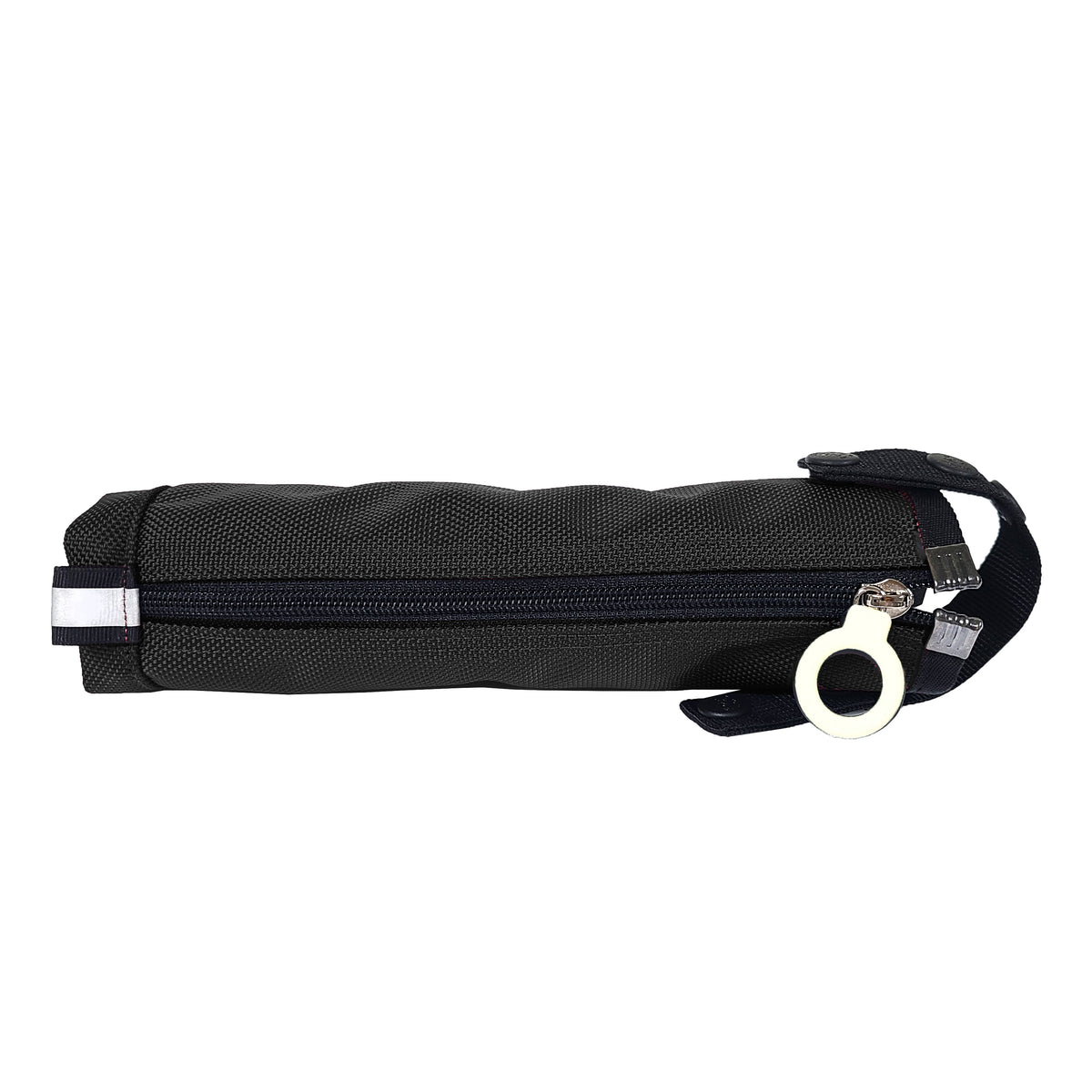 A horizontal Black Cane pouch junior with a black zipper down the middle with a white ring pull, and a black detchable handle at the top, and a reflective tag at the bottom.
