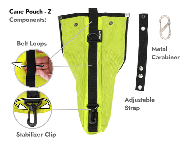 Detail of the cane pouch showing metal Carabiner, black strap with snaps on it, and a swivel clip on the bottom for stabilization. The pouch has a zipper that runs from top to bottom and has belt loops on the back